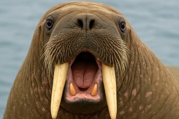 A majestic walrus with its formidable tusks roars into the vast ocean, embodying the raw power and beauty of nature