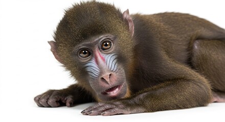 Obraz premium Adorable baby mandrill rests softly against white background brightly lit. AI Generated