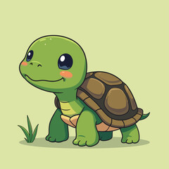Obraz premium Cute Cartoon Green Turtle Illustration with Big Eyes and Shell