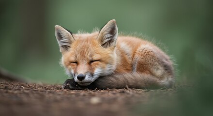 Fototapeta premium Adorable red fox kit peacefully sleeps nestled in soft earth bathed in dappled sunlight. AI Generated