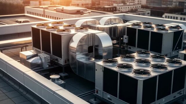 Large air conditioning units and ventilation ducts are installed on a rooftop of a modern building, providing climate control for the entire structure