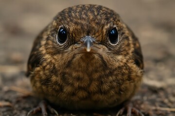 A young bird's gaze meets ours, its feathers a tapestry of life