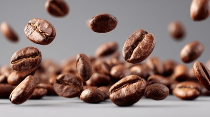 Obraz premium A dynamic capture of coffee beans in mid-air, showcasing their rich texture and color against a minimalist background.