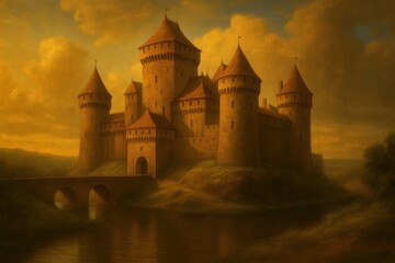 Fototapeta premium An enchanting medieval castle stands majestically amidst a serene landscape, its golden hues reflecting the warmth of sunset