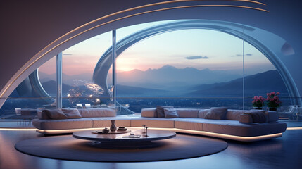 Futuristic living room with curved windows and mountain view at dusk with modern furniture