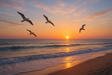 Seagulls in Flight Over a Serene Beach at Sunset