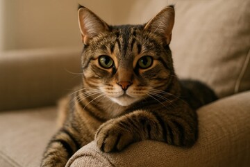 A tabby cat's serene gaze captures the essence of domestic tranquility