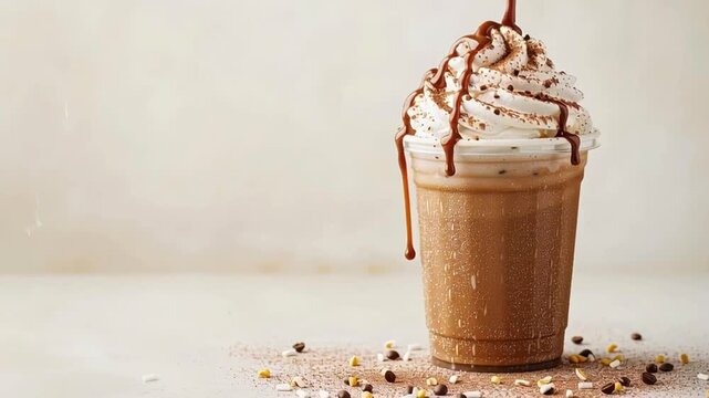 A rich mocha latte with whipped cream and a drizzle of chocolate syrup
