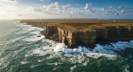 Fototapeta premium Cliffs and Ocean Waves Under Blue Sky with Seagulls Seaside Landscape