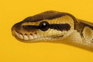 Fototapeta premium A close-up of a captivating snake's head against a vibrant yellow backdrop