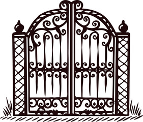 Ornate wrought iron garden gate with floral scrollwork and stone pillars illustration