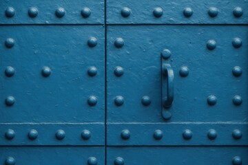 Fototapeta premium A close-up of a blue metallic surface adorned with round rivets, featuring a prominent handle on the right side