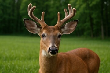 A majestic deer stands alert in a verdant field, its gaze meeting ours with an air of quiet curiosity