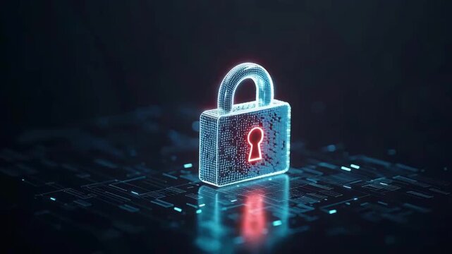 Cybersecurity concept, digital padlock on screen, dark background with binary code