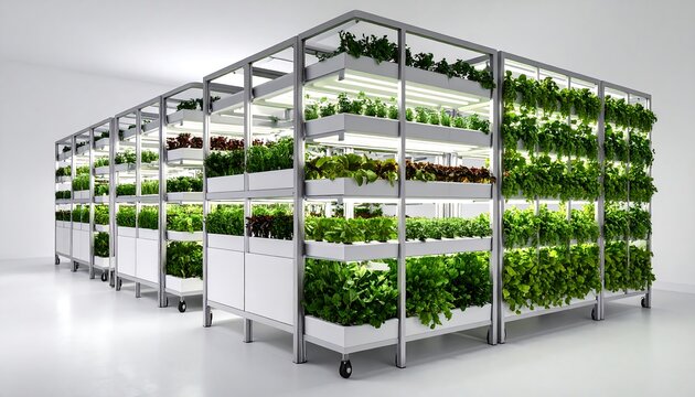 Multiple tiered hydroponic shelving units filled with various leafy greens, lit by overhead lights
