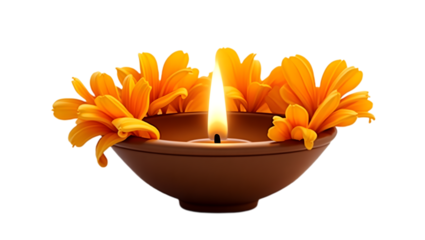 Traditional Indian diya with a glowing flame and a fresh yellow flower, isolated on transparent background. Ideal for Diwali, pooja, and cultural festive designs.
