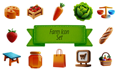 Farm icon set with fruits, vegetables, and related objects  