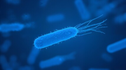 Fototapeta premium Microscopic bacteria with trailing appendages in blue background