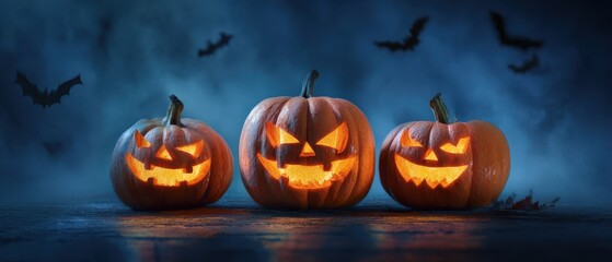 The glowing jack-o'-lanterns illuminating a spooky Halloween night scene.