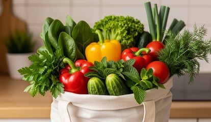 A cloth bag filled with fresh food. It contains: red bell peppers, yellow bell peppers, cucumbers, tomatoes, rosemary, mint, lettuce, chives, and parsley.