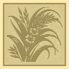 olive Color Cane Flower Lined Engraving Canvas Template with Stamp Halftone Effect Vector Illustration &ndash; Vintage Botanical Style for Print, Poster, Craft, and Decorative Projects