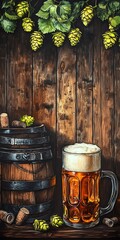 Rustic beer mug with frothy head beside barrel, hops hang above on a wooden background.
