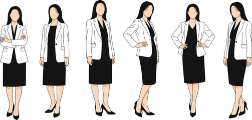 Professional businesswoman in formal black dress and white blazer, standing in various confident poses, isolated on white background, corporate female character, cartoon illustration