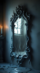 A magical antique mirror. Night view of the room, fantasy. Dark abstract background. Generative AI image ancient, mystical decor and vintage baroque mirror with a dusty, detail-laden look.