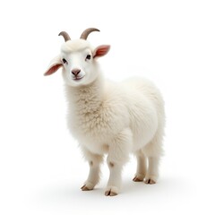 Fototapeta premium Fluffy White Goat Isolated on White Background, Soft Fur, Cute Farm Animal