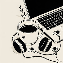 Top View of Minimalist Workspace with Coffee, Bluetooth Headphones, and Laptop. Ai generated Black and White Illustration Copy Space image.