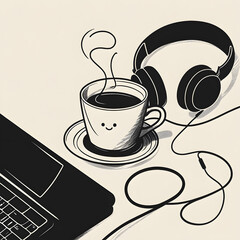 Top View of Minimalist Workspace with Coffee, Bluetooth Headphones, and Laptop. Ai generated Black and White Illustration Copy Space image.