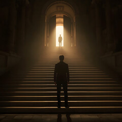 A man is walking up a dark staircase with a light shining on him from an open door. Generative AI image Silhouette of a businessman standing in front of a door with light coming through.