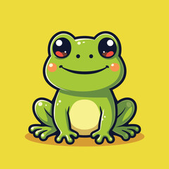 Cute Green Frog Cartoon Illustration with Big Eyes on Yellow Background