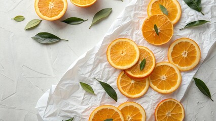 Fresh Sliced Oranges with Green Leaves on White Crumpled Paper