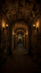 Dark Medieval Stone Hallway with Torches Mysterious Gothic Tunnel Interior. Ai generated image of long corridor in castle. Torches light way. Ancient walls, arches create mysterious atmosphere.