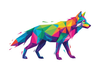 Obraz premium Colorful geometric wolf walking in a modern art style with vibrant colors and copy space