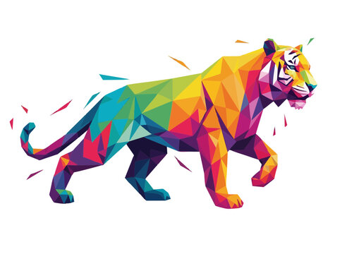 Colorful geometric tiger illustration in vibrant shades 