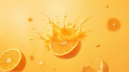 Orange fruit with splash effect on yellow background