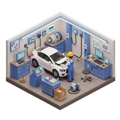 3D electric vehicle service bay with diagnostic tools