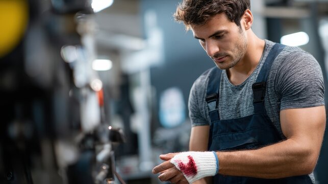 A focused worker with a bandaged hand, engaged in a task, showcasing determination in a workshop environment. - Powered by Adobe