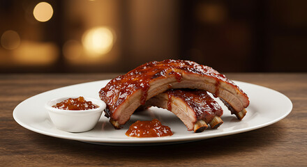 Grilled pork ribs (costelinha de porco) glazed with sticky barbecue sauce, served on a clean white plate with a ramekin of pepper jelly. Set on a rustic wood table with a cozy