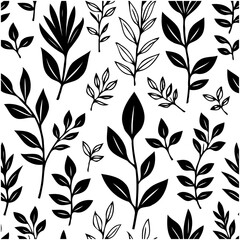 Botanical black and white seamless pattern with various leaves and branches