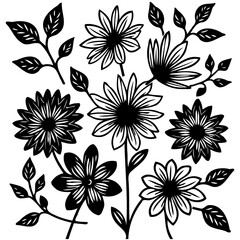 Elegant floral silhouette vector illustration with delicate leaves and blooming flowers