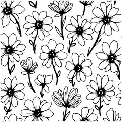 Floral pattern of daisies and flower buds in black and white illustration