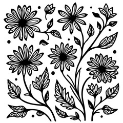 Elegant Black and White Floral Vector Illustration with Daisies and Foliage Elements