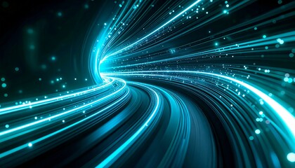 Cool cyan fiber optic cables forming a spiral light tunnel with motion blur. Dynamic tech-futuristic vibe over a deep dark backdrop.