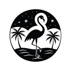 Flamingo silhouette with palm trees stars inside a circular frame bird