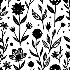 Elegant black and white floral pattern with stylized flowers and leaves design