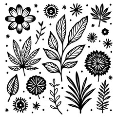 Set of hand-drawn floral elements for design projects, black and white illustration