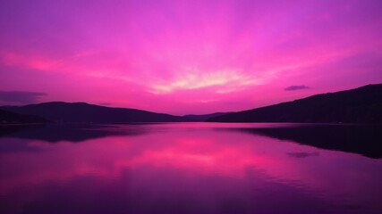 Obraz premium Pink sunset over still water with mountains